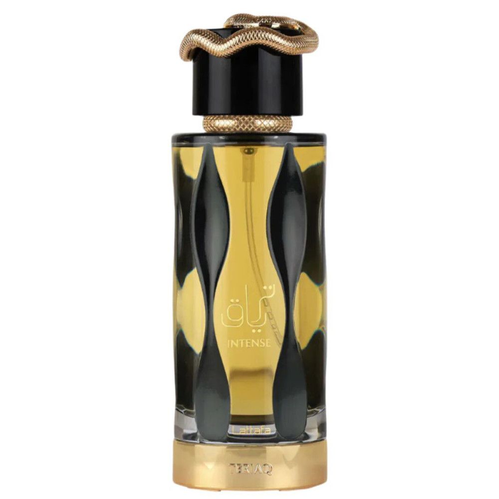 Flacon de parfum avec bouchon noir et serpent doré. Liquide jaune visible. Inscription 'Intense'.