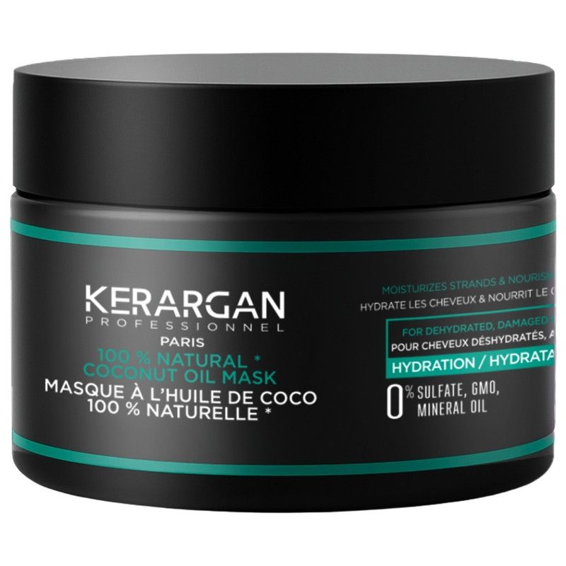 Pot noir avec bande verte. Inscription: Kerargan, Masque à l'huile de coco 100% naturelle. Pour cheveux déshydratés. 0% sulfate, sans OGM, sans huile minérale.