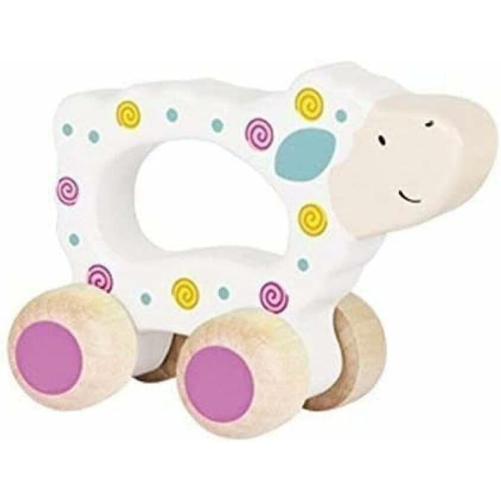 Houten speelgoed in de vorm van een schaap met wielen. Wit met gekleurde stippen en spiralen. Roze wielen.