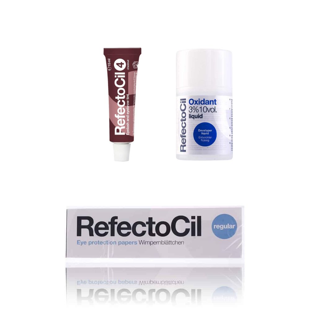 Trois produits RefectoCil : teinture de cils, liquide oxydant et papiers de protection. Chaque produit est présenté dans son emballage.