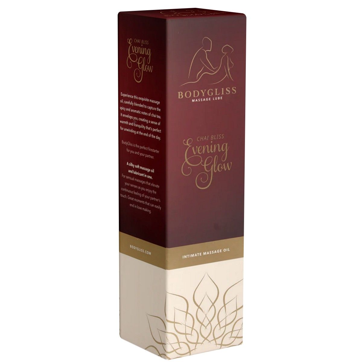 Emballage en carton. Inscription : BodyGliss Massage Lube, Chai Bliss Evening Glow. Dégradé bordeaux et crème. Ornements dorés.
