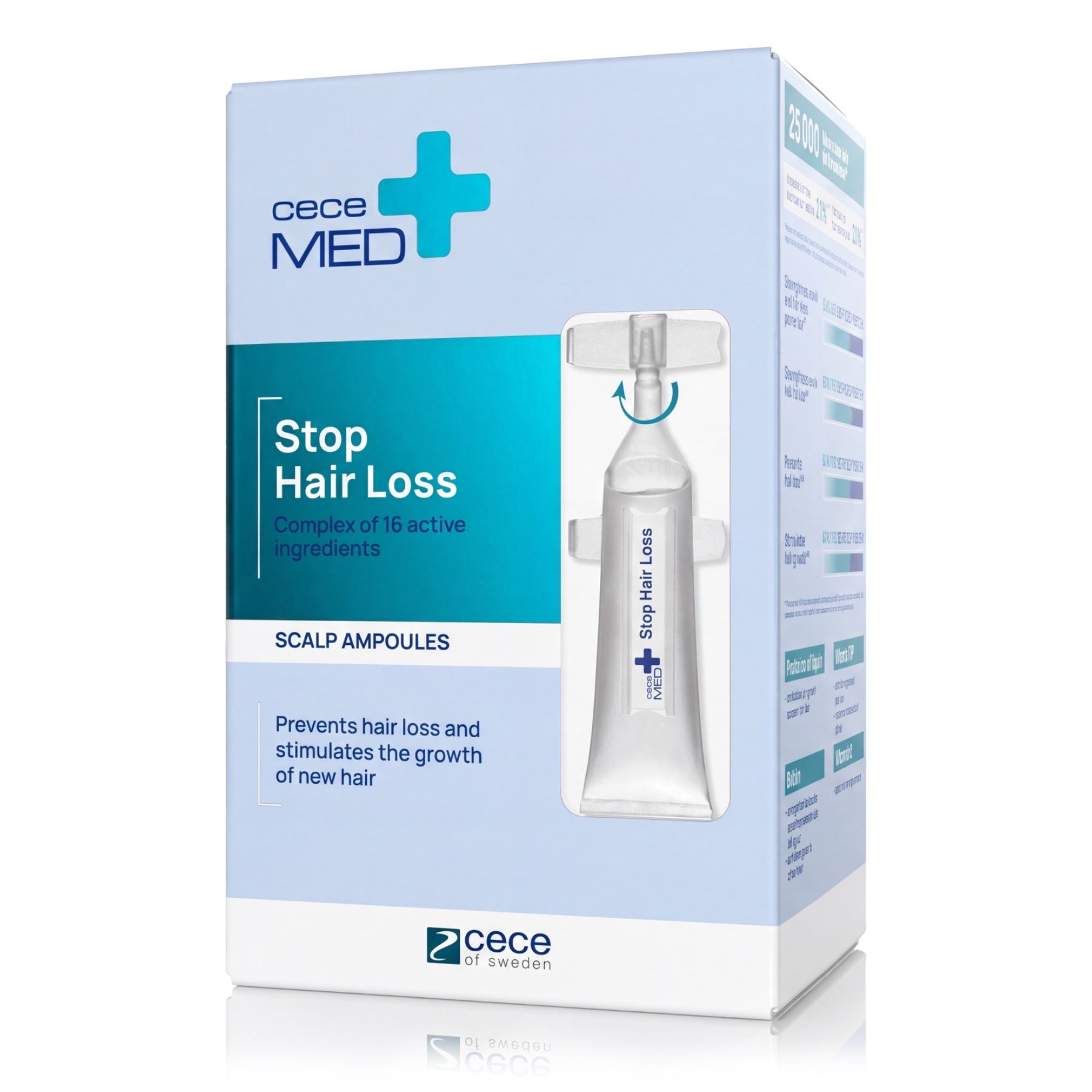 Cece Med Stop Hair Loss Scalp Ampullen: Complex van 16 actieve ingrediënten ter stimulering van haargroei.