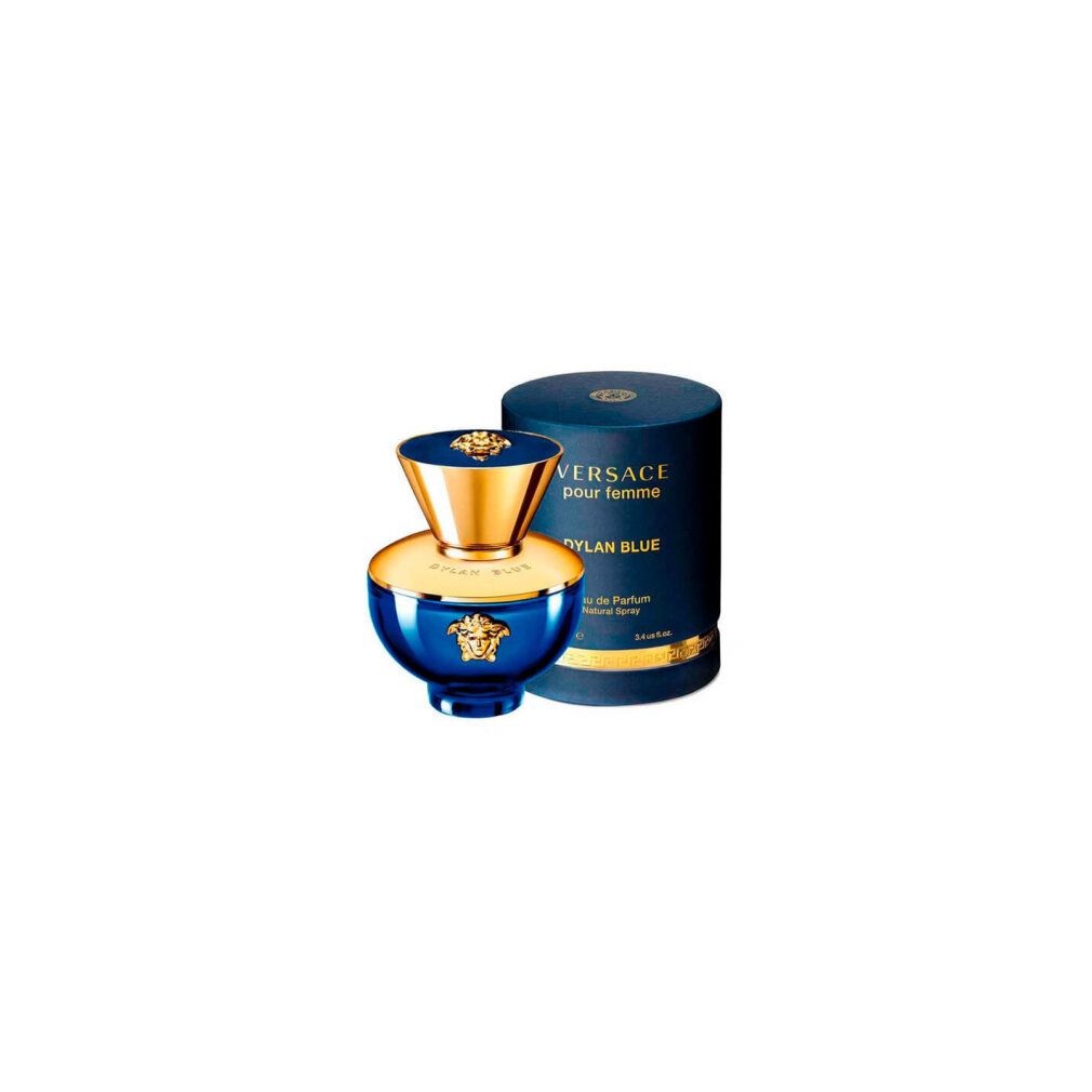 Flacon bleu et emballage cylindrique. Inscription 'Versace pour femme Dylan Blue'.