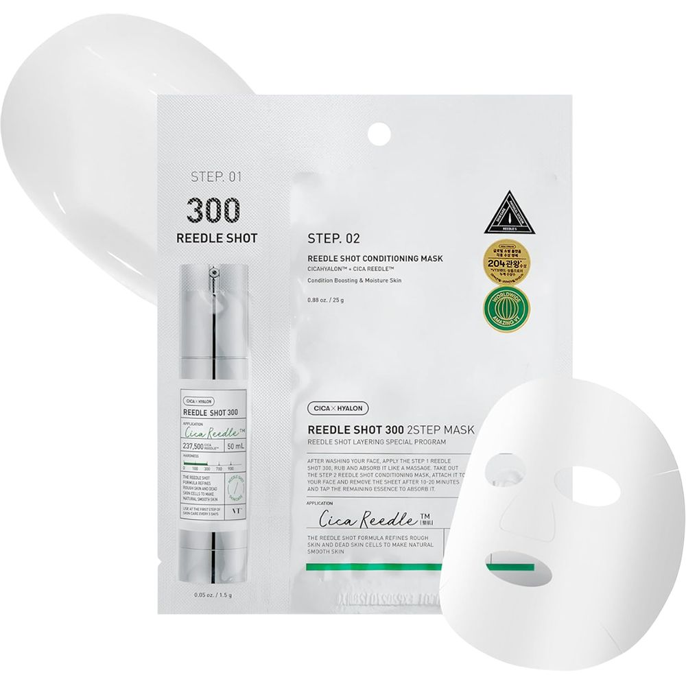 Gezichtsmasker met micronaalden. Witte verpakking, masker en productafbeelding.