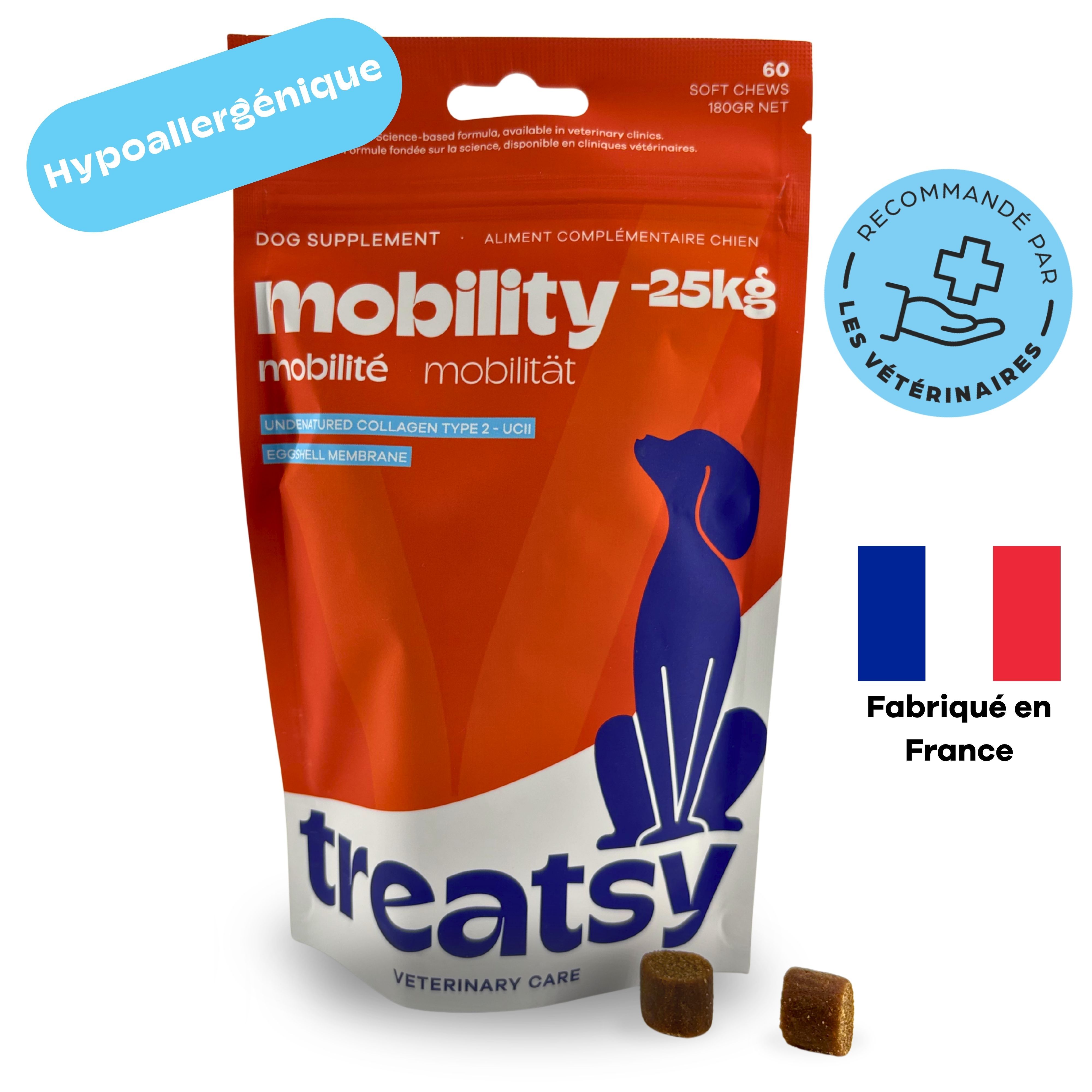 Sachet rouge « mobility » et « Treatsy ». Deux comprimés. Autocollants: hypoallergénique, recommandé.