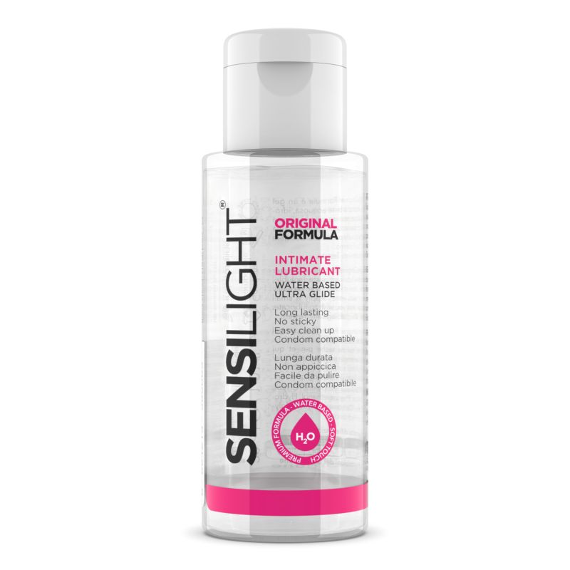 Flacon avec bouchon blanc. Inscription : Sensilight, Original Formula, Intimate Lubricant, Water Based Ultra Glide. Accent rose.