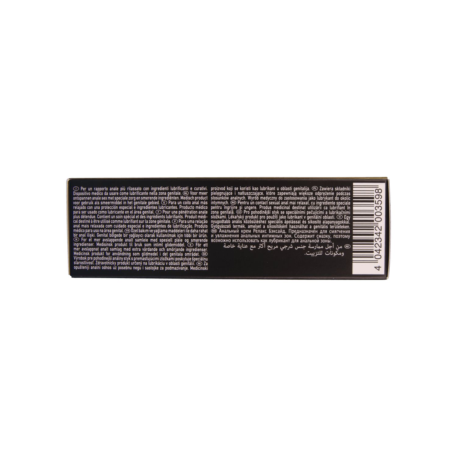 Emballage de produit noir avec texte multilingue. Comprend un code-barres.