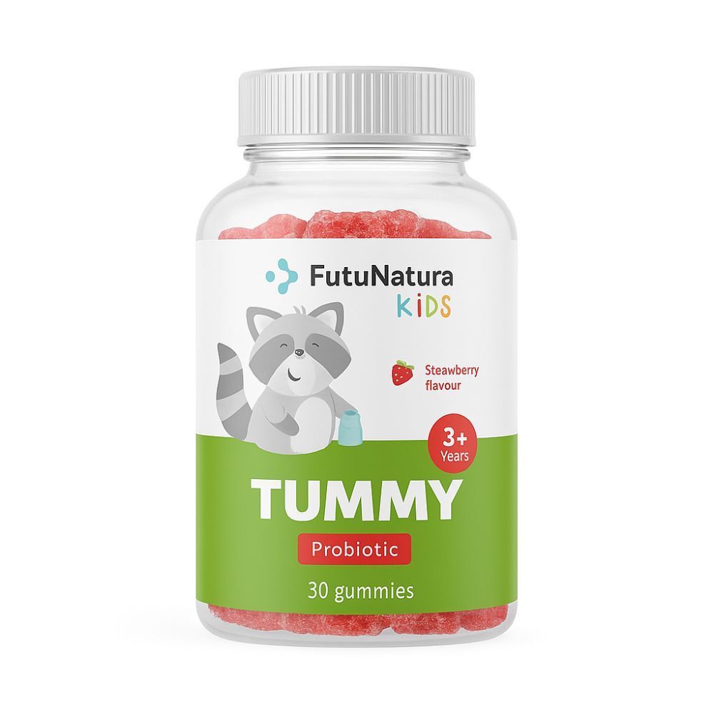 FutuNatura Tummy Kindergummies. Flacon transparent avec bonbons rouges. Étiquette avec illustration de raton laveur, texte et 3+ ans.