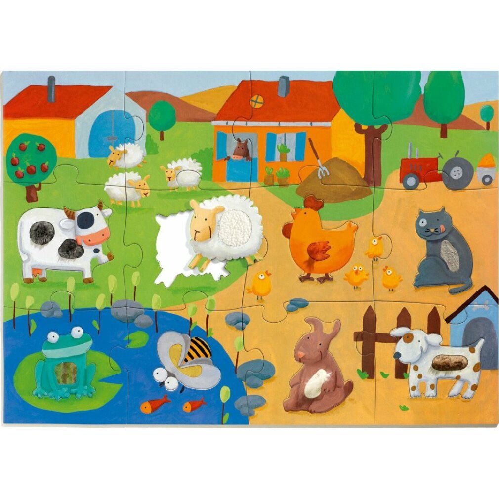 Puzzle de ferme avec animaux : vache, moutons, poule, poussins, chat, chien, lapin, grenouille, abeille et tracteur.