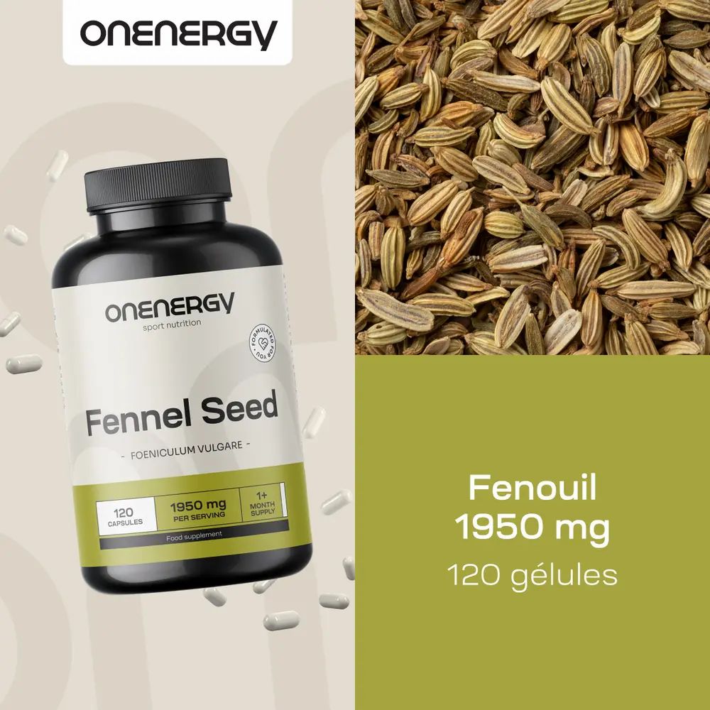 Bouteille de graines de fenouil ONENERGY à côté d'un gros plan de graines de fenouil. 120 gélules.