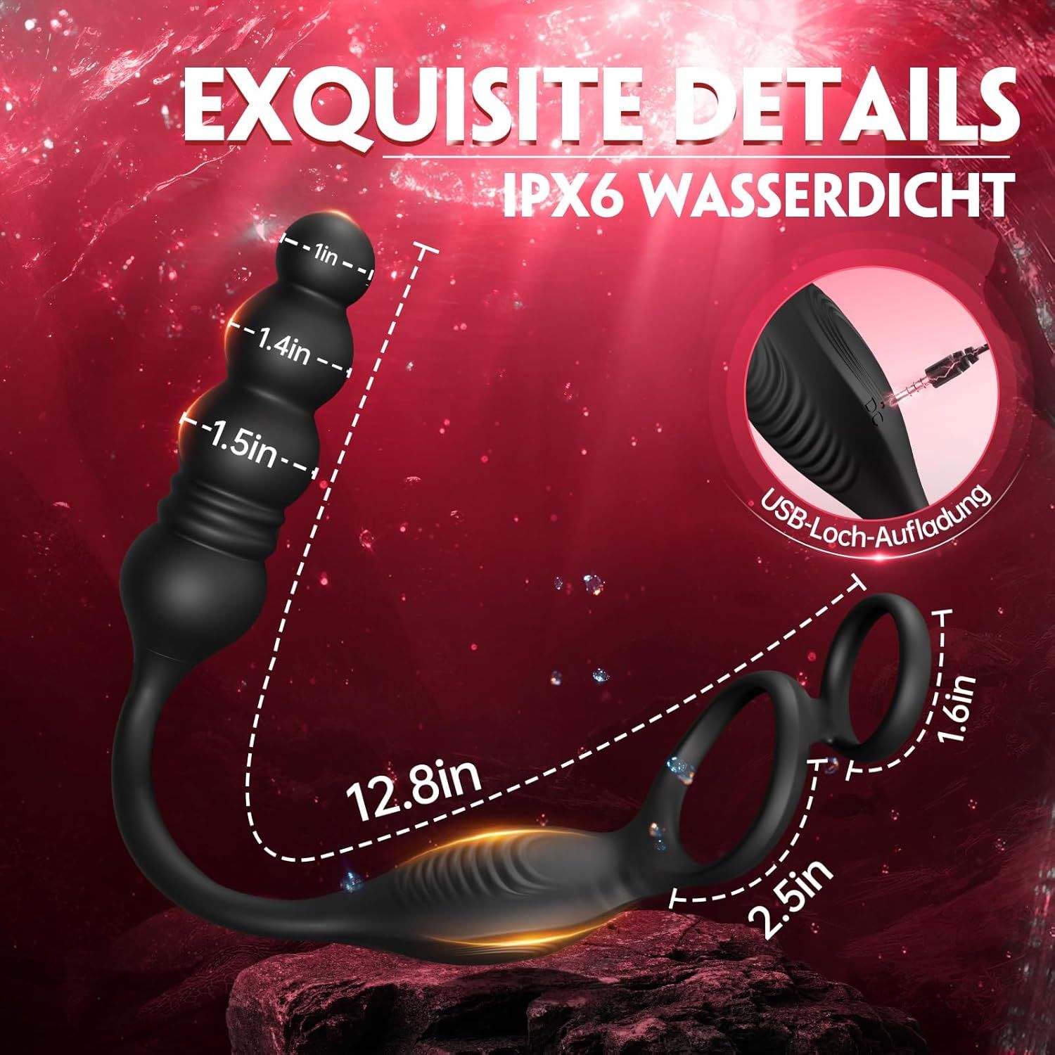 Stimulateur noir, étanche IPX6, port de charge USB. Dimensions : 12.8in, 2.5in, 1.6in.