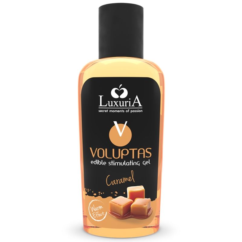 Luxuria Voluptas Caramel eetbare stimulerende gel in een doorzichtige fles met zwarte dop. Karamelgeur.