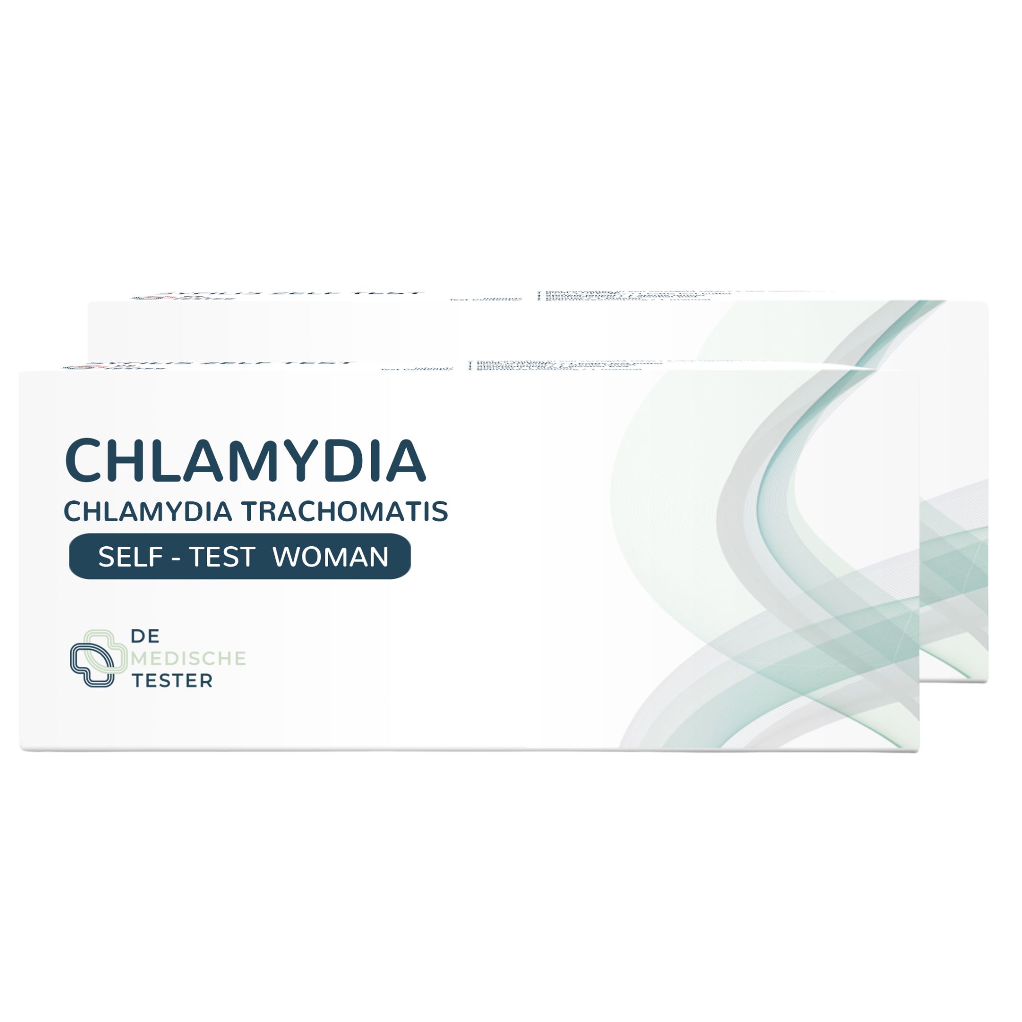 Twee verpakkingen Chlamydia zelftest voor vrouwen. Opschrift: Chlamydia Trachomatis, Self-Test Woman. Merk: De Medische Tester.