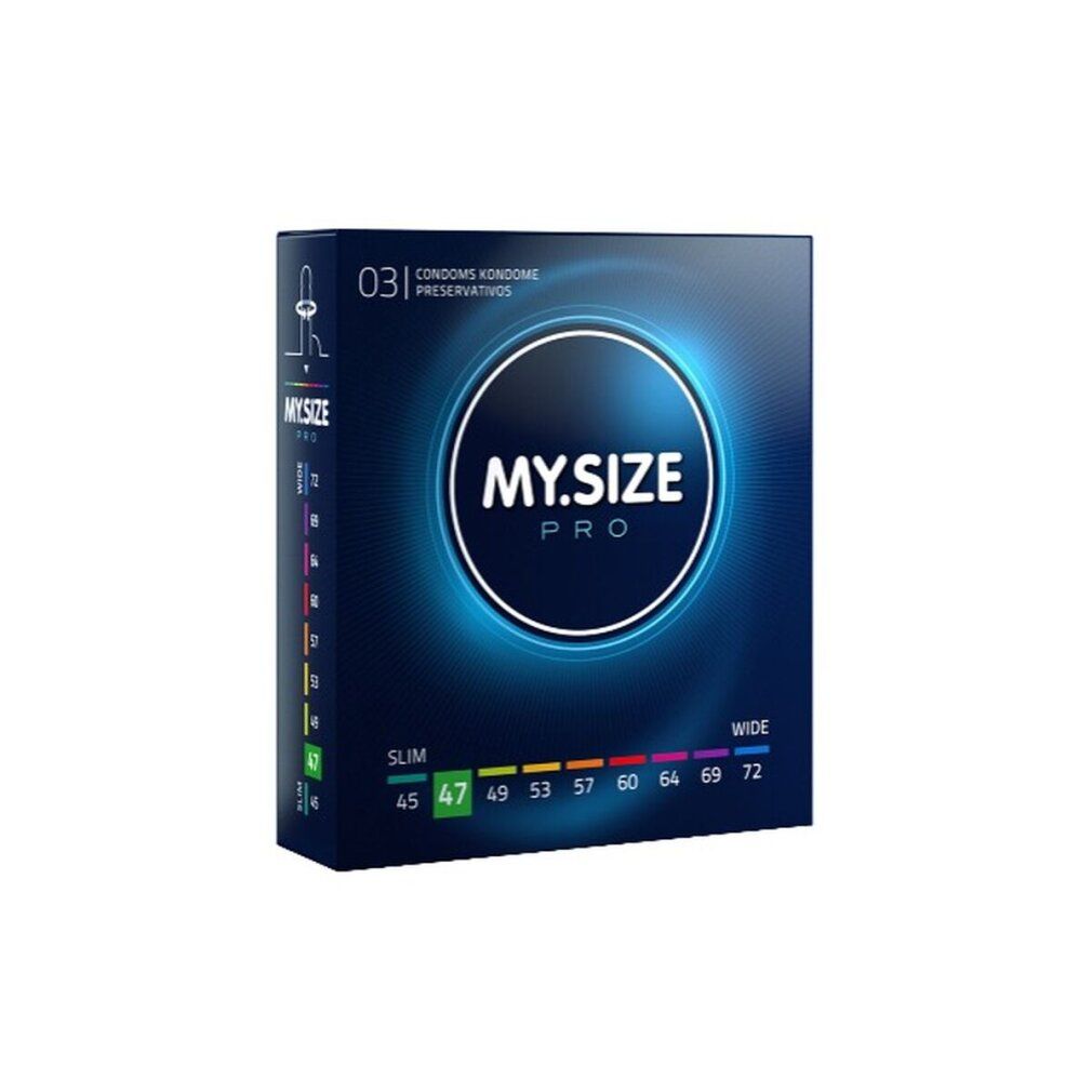 Condoomsverpakking met opschrift MY.SIZE PRO. Maten 45, 47, 49, 53, 57, 60, 64, 69, 72. Maten van Slim tot Wide.