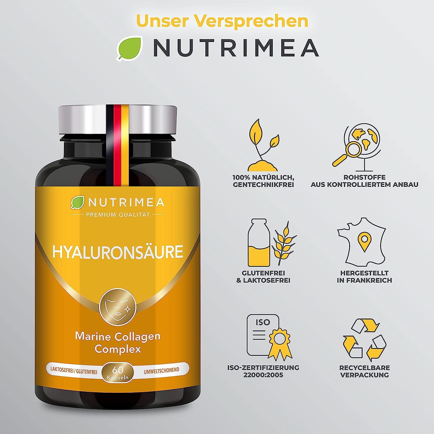 Bruine fles met capsules. Opschrift: Hyaluronzuur, Marine Collagen Complex. 60 capsules. Iconen: natuurlijk, glutenvrij, recyclebaar.