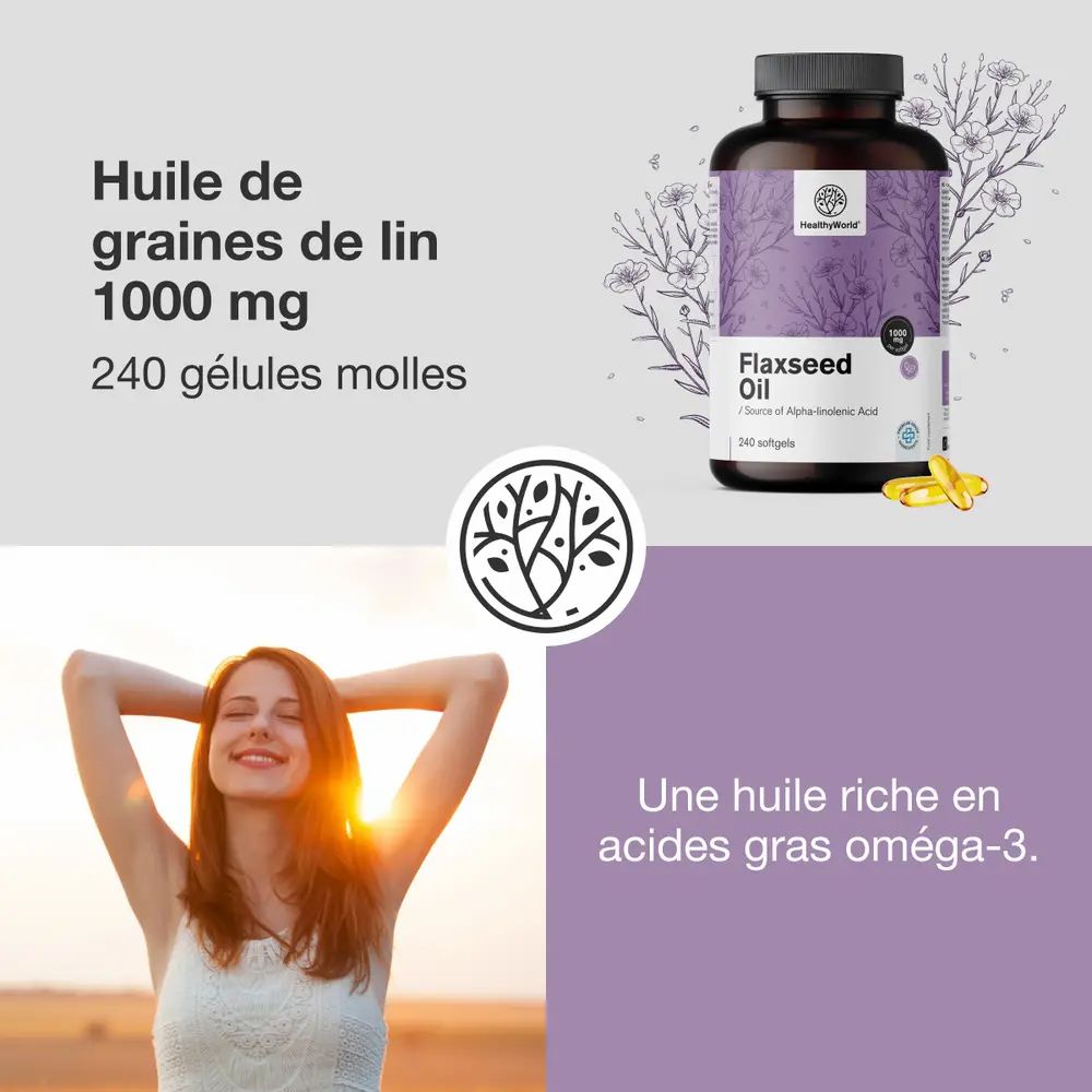 Collage : Bouteille d'huile de lin, femme au soleil, logo, texte.