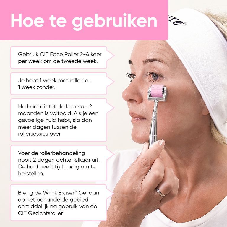 Vrouw met dermaroller op haar hoofd, gebruiksinstructies.