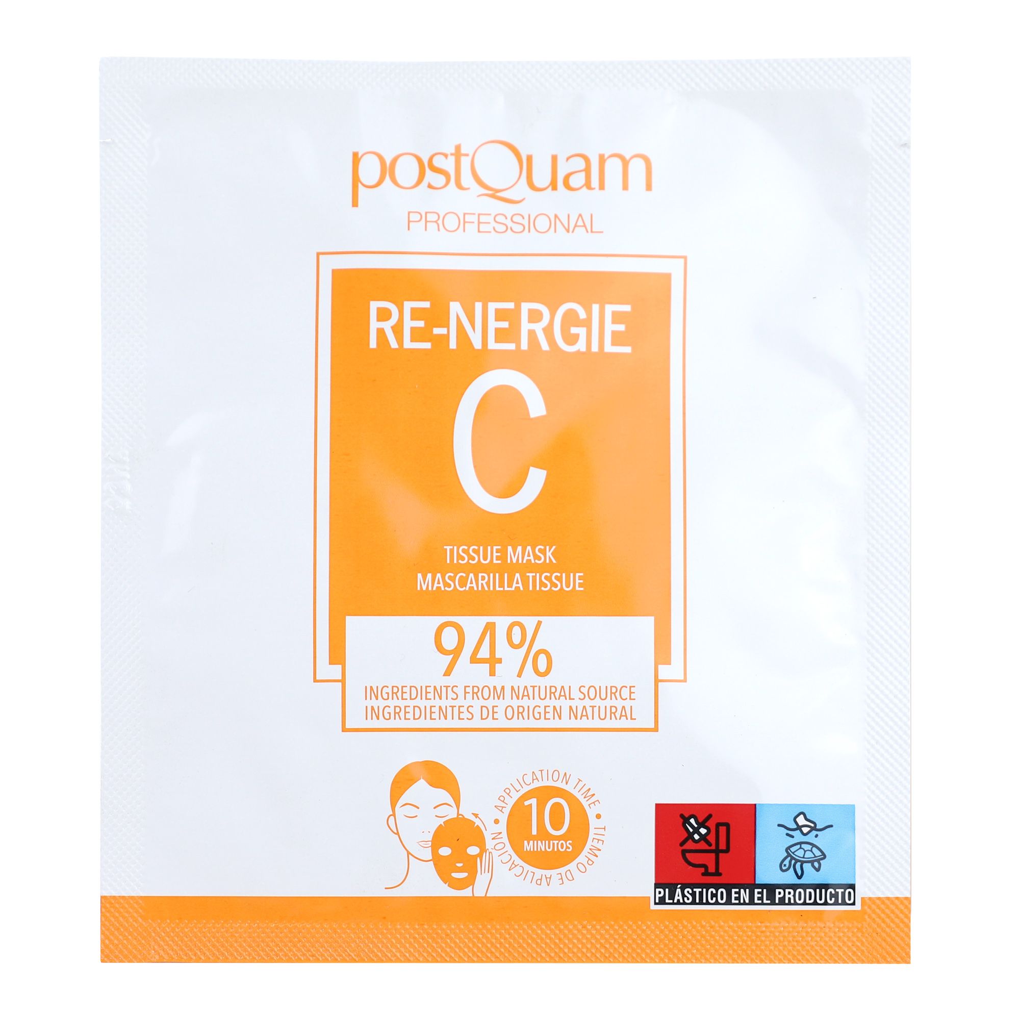 Verpakking gezichtsmasker. Oranje achtergrond, tekst: PostQuam, Re-Nergie C, 94% ingrediënten. Gebruiksaanwijzing.