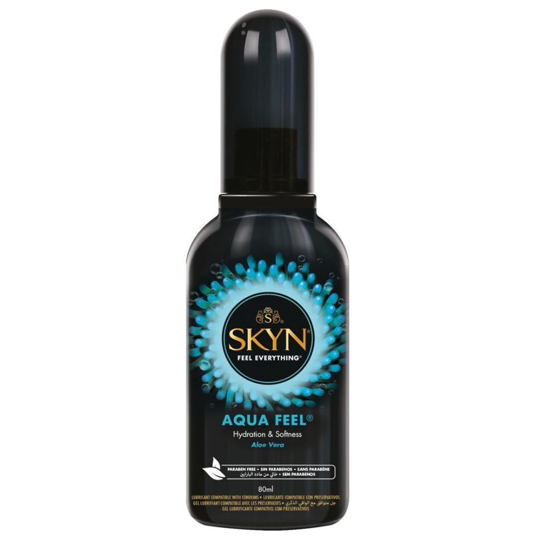SKYN Aqua Feel glijmiddel in zwarte fles met pompdoseerder, 80ml.