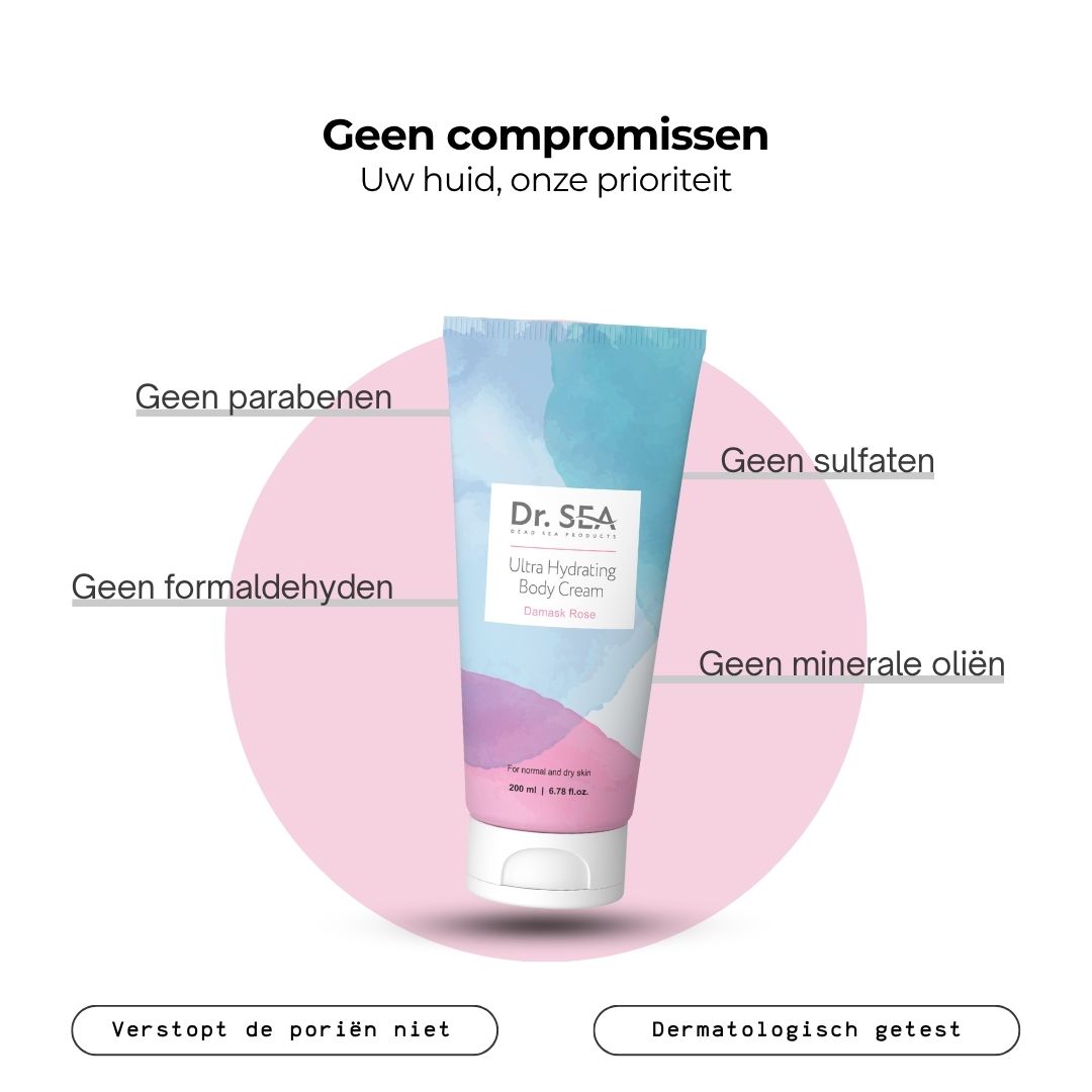 Crèmetube met tekst en diagram. Opschrift: Ultra Hydrating Body Cream, Damask Rose. Merk: Dr. SEA.