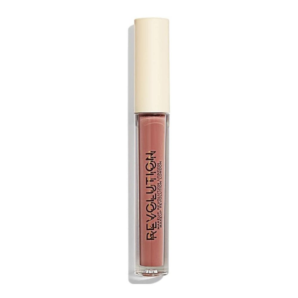 Lipstick in transparante huls met crèmekleurige dop. Product met roze inhoud. Opschrift 'REVOLUTION'.