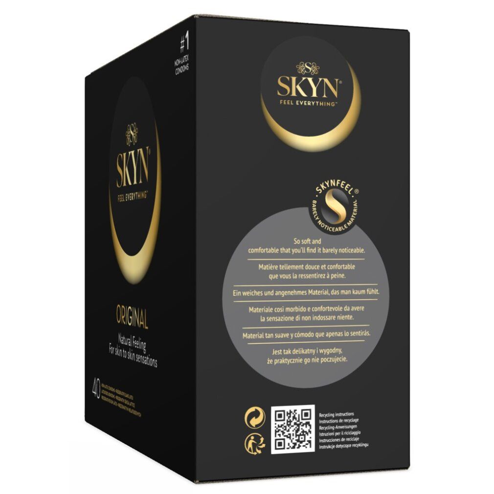 Zwarte verpakking SKYN Original, 40 condooms. Logo en tekst. Opschrift "Natural feeling for skin to skin sensations". Achterkant met tekst en QR-code.