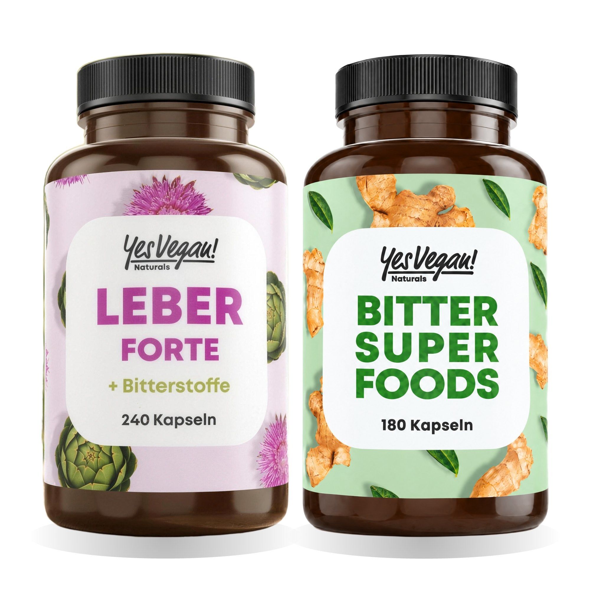 Twee flessen voedingssupplementen: Leber Forte en Bitter Super Foods.