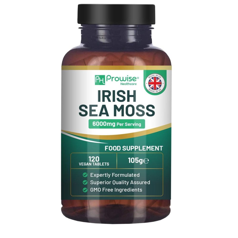 Fles Prowise Irish Sea Moss Tabletten. Opschrift: 120 veganistische tabletten, 105g, 6000mg per portie. Logo: Britse vlag.