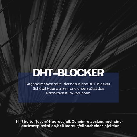 Tekst: DHT-blokker. Zaagpalmextract. Helpt bij haaruitval, inhammen, na transplantatie, infectie.