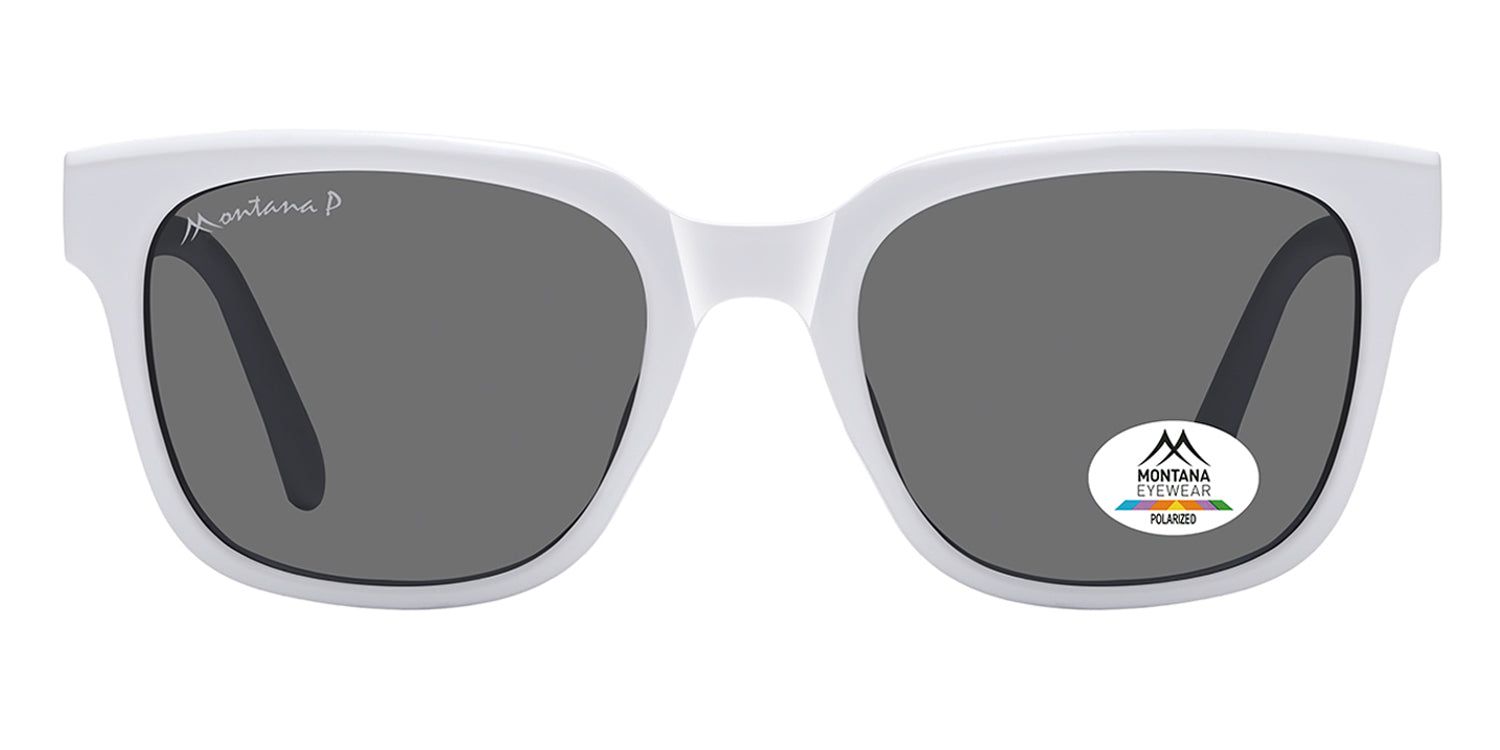 Lunettes de soleil blanches avec verres gris. Un autocollant avec logo est sur la lentille droite. Le cadre porte l'inscription Montana.