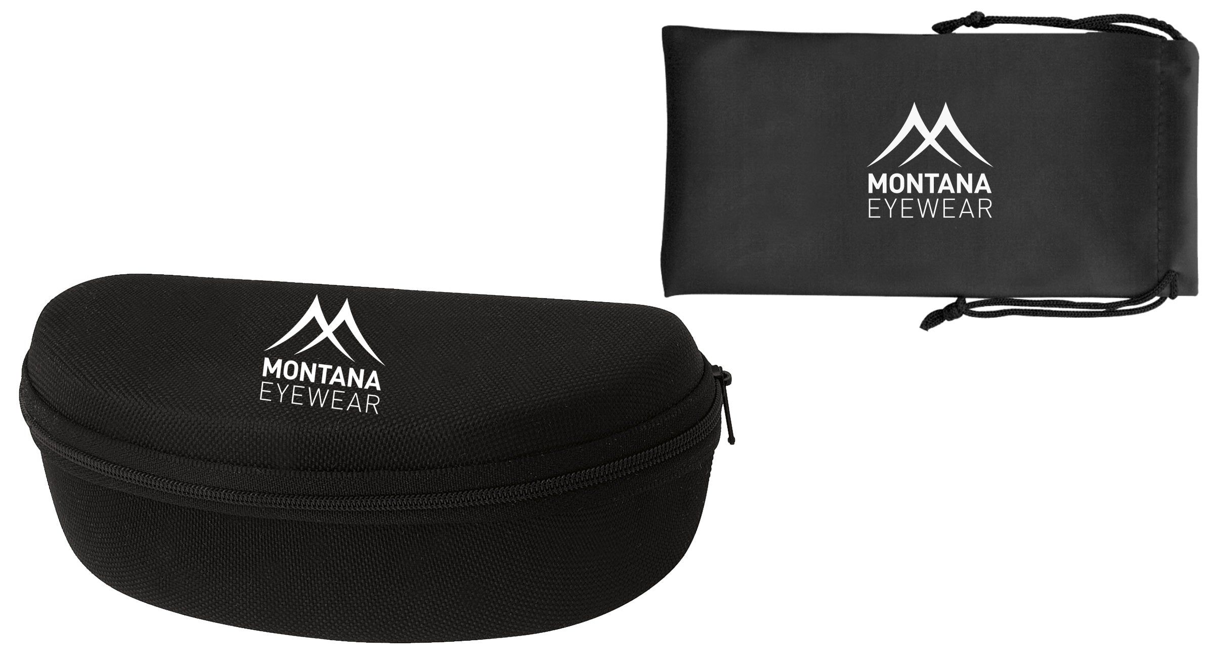Étui et pochette noirs pour lunettes, logo blanc "Montana Eyewear". Étui zippé.