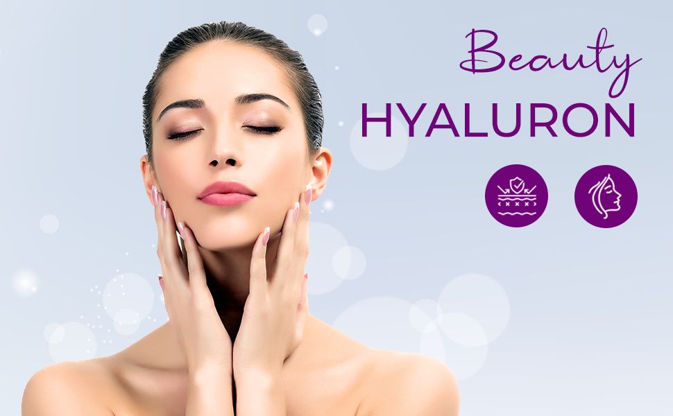 Publicité pour "Beauty Hyaluron". Femme aux yeux fermés, mains sur le cou. Écriture violette. Deux symboles.