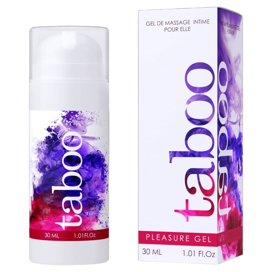 Flacon blanc "taboo Pleasure Gel" 30 ml, à côté de la boîte. Tache de couleur violet-rose.