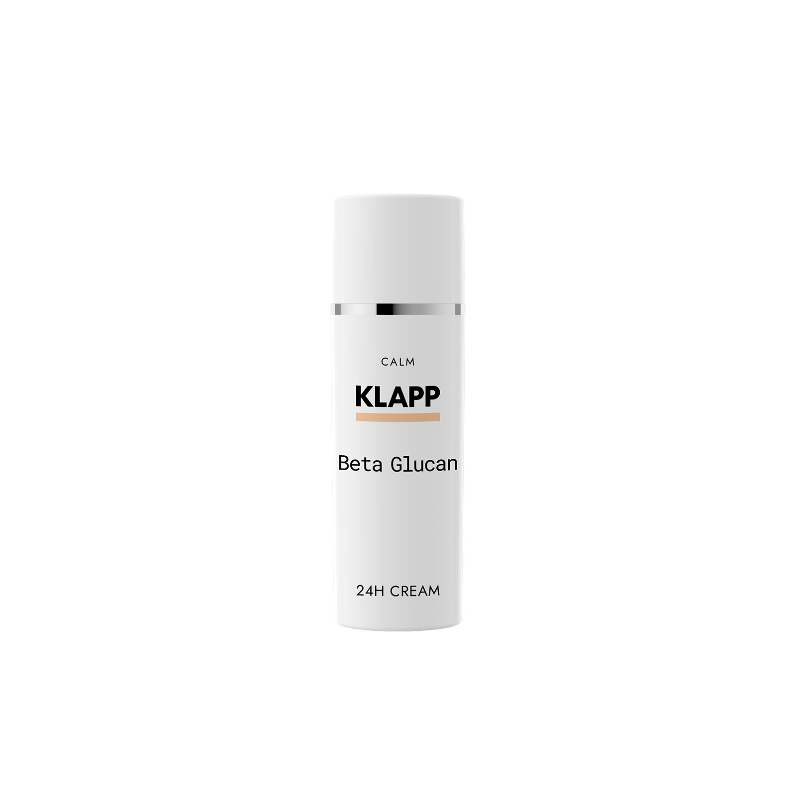 Witte fles met zilveren ring. Opschrift: KLAPP, Beta Glucan, 24H CREAM. Beige kleurvlak.