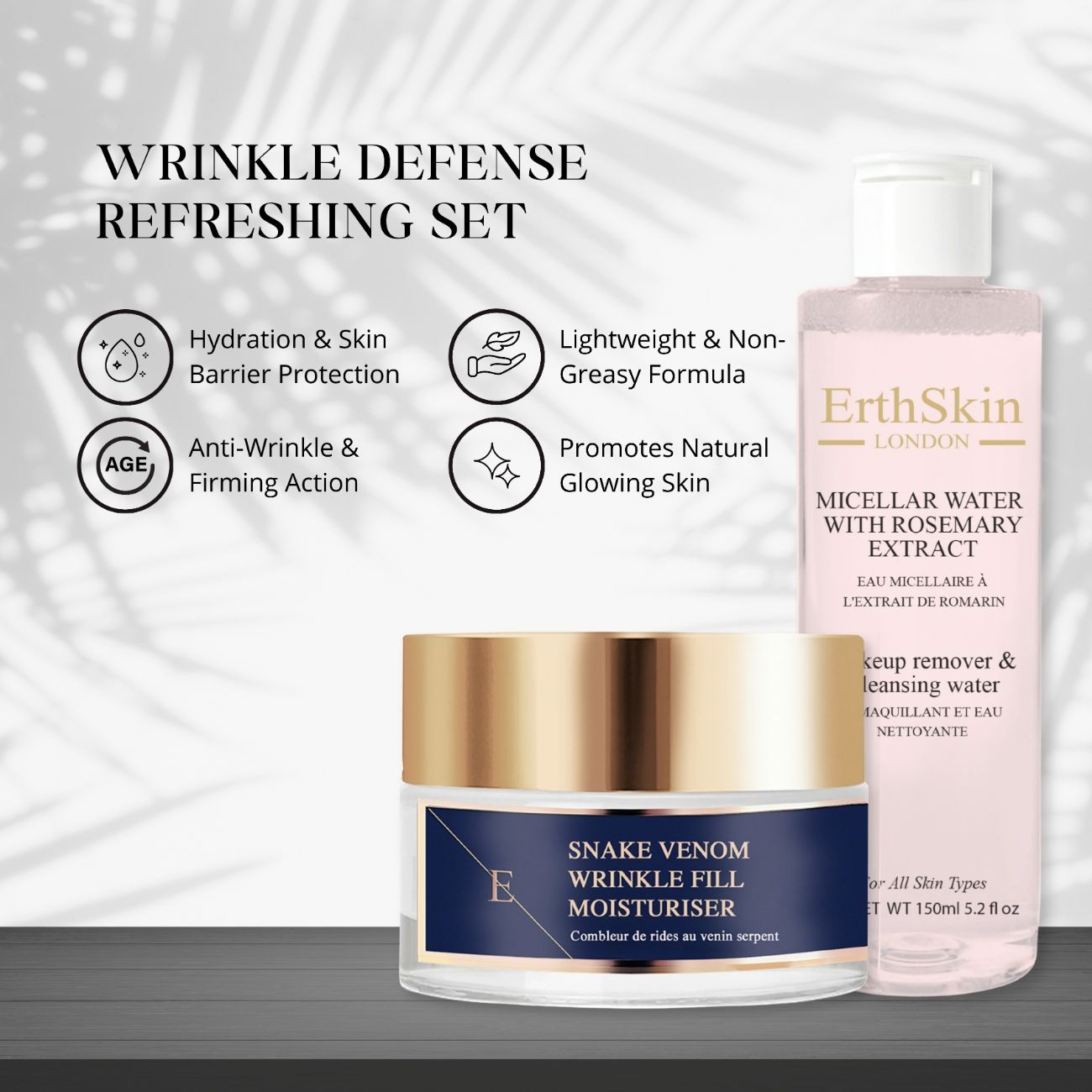 ErthSkin London micellair water en rimpelvullende vochtinbrengende crème. Set met iconen voor huidbescherming en anti-rimpelwerking.