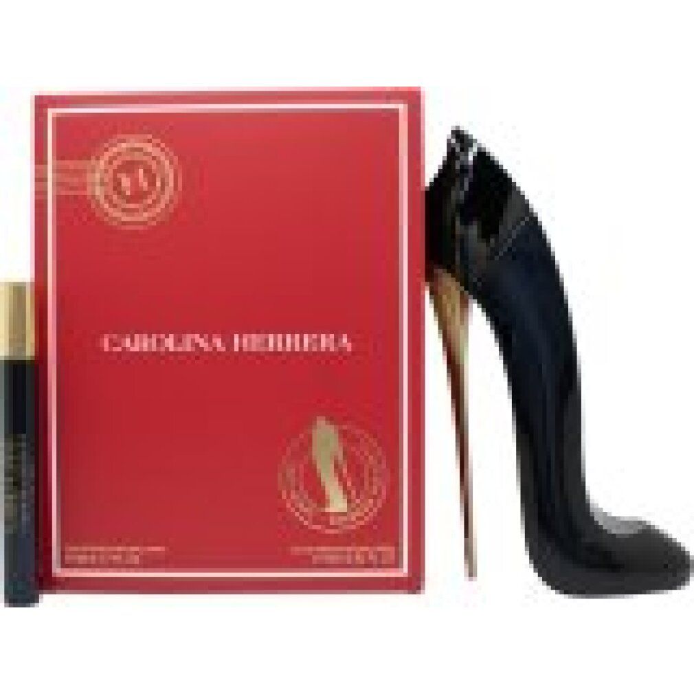 Coffret cadeau Carolina Herrera Good Girl avec flacon de parfum en forme de chaussure et petit roller.