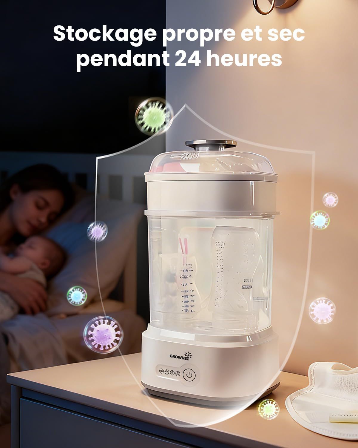 Stérilisateur blanc pour biberons, à deux niveaux, avec couvercle transparent. A des marques de mesure et un logo.