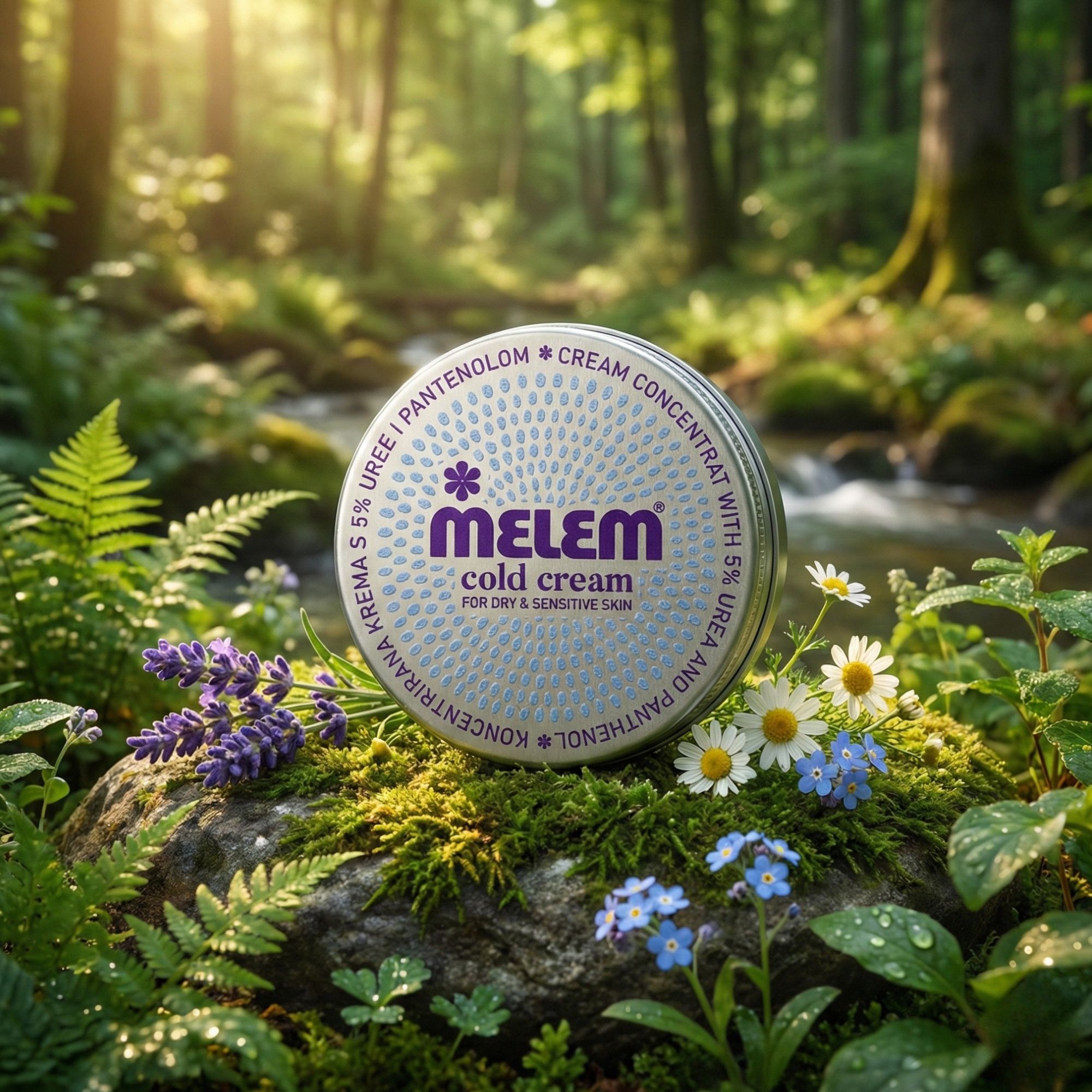 Boîte ronde Melem Cold Cream dans un environnement naturel. Entourée de plantes et de fleurs.