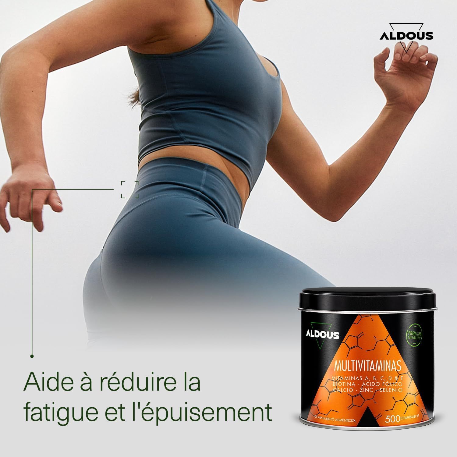 Boîte Aldous Multivitamines au design orange et symboles chimiques. 500g.