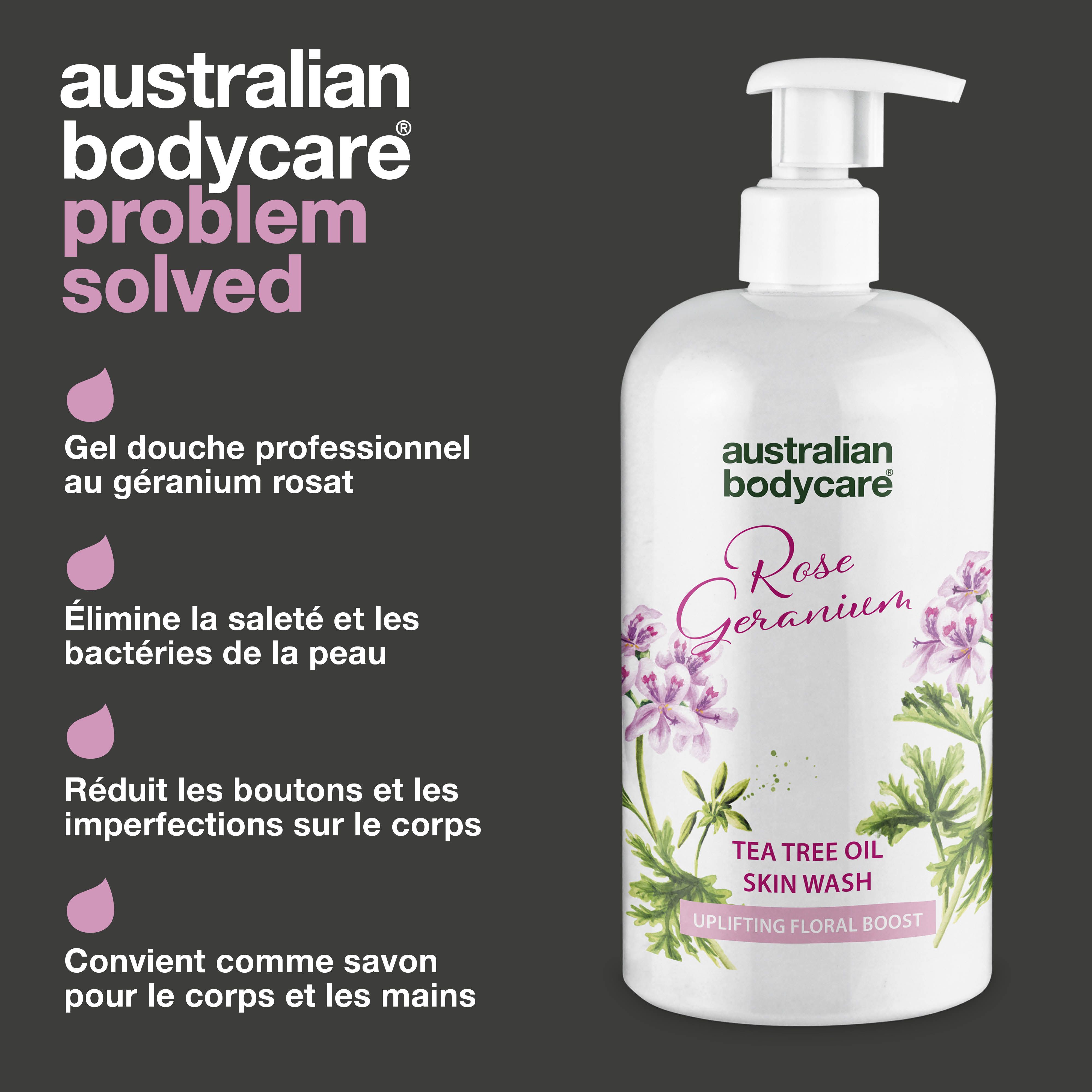 Flacon de produit avec pompe. Inscription : Rose Geranium, Tea Tree Oil Skin Wash. Texte : Problème résolu.