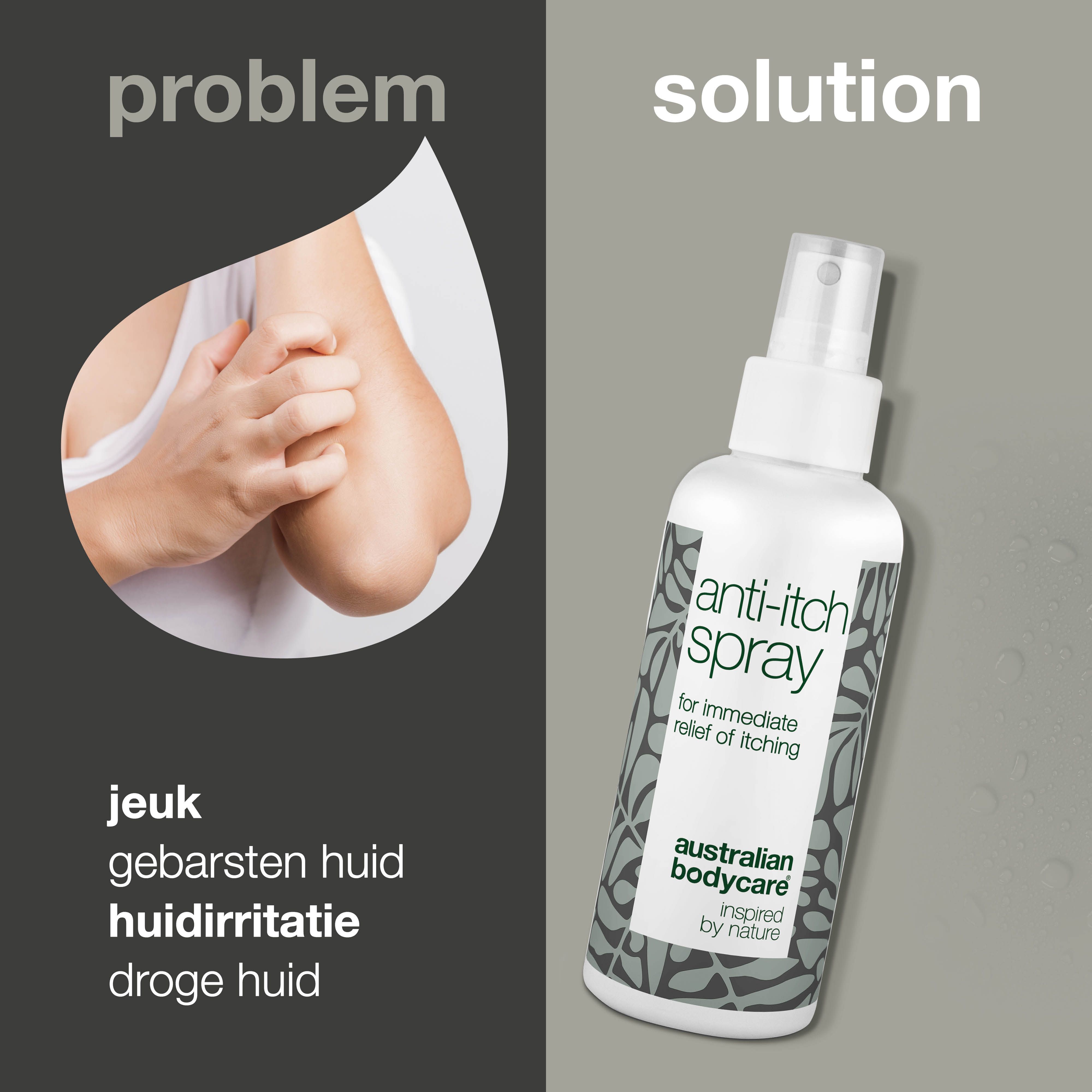 Spray tegen jeuk naast een afbeelding van een arm. Tekst: 'jeuk, geïrriteerde huid'.