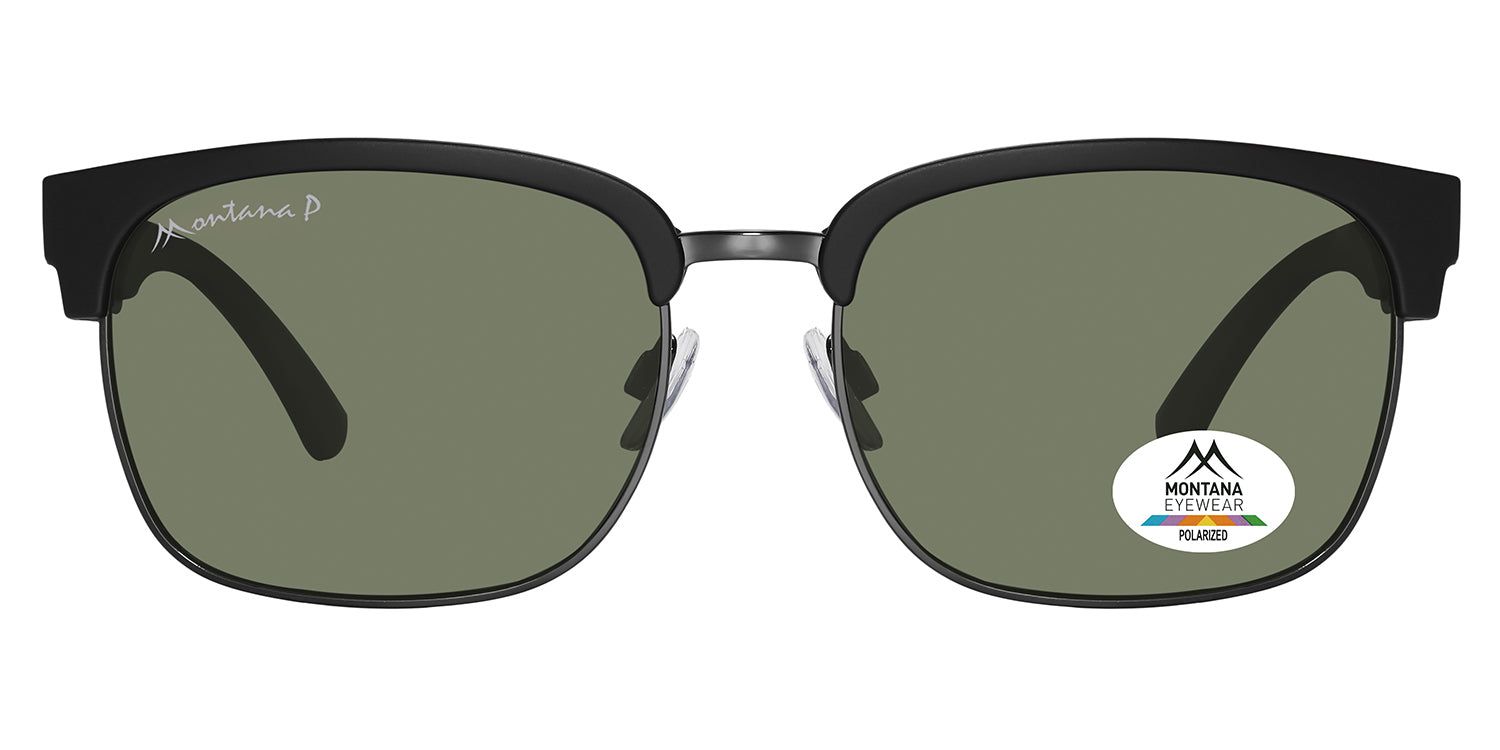 Lunettes de soleil noires et verres verts. Logo Montana Eyewear sur la lentille et la branche. Forme arrondie.