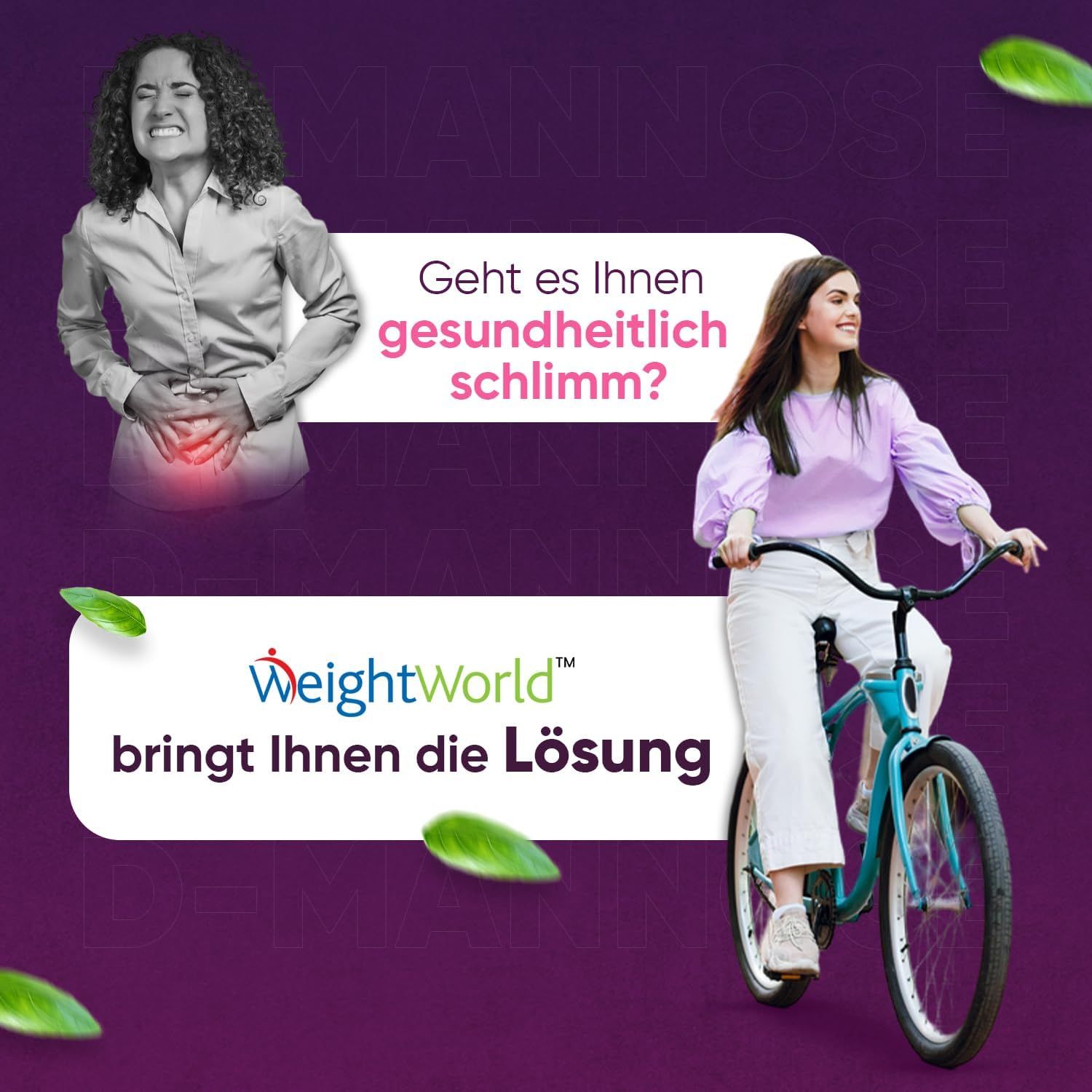 Vrouw met pijn en vrouw op de fiets. Tekst: Gaat het slecht met je gezondheid? WeightWorld biedt de oplossing.