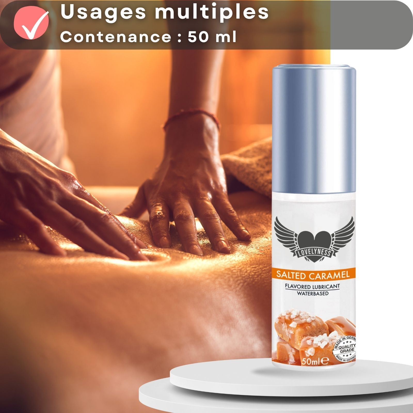 Lubrifiant au caramel. Flacon à bouchon argenté. Pour usages multiples. Massage.