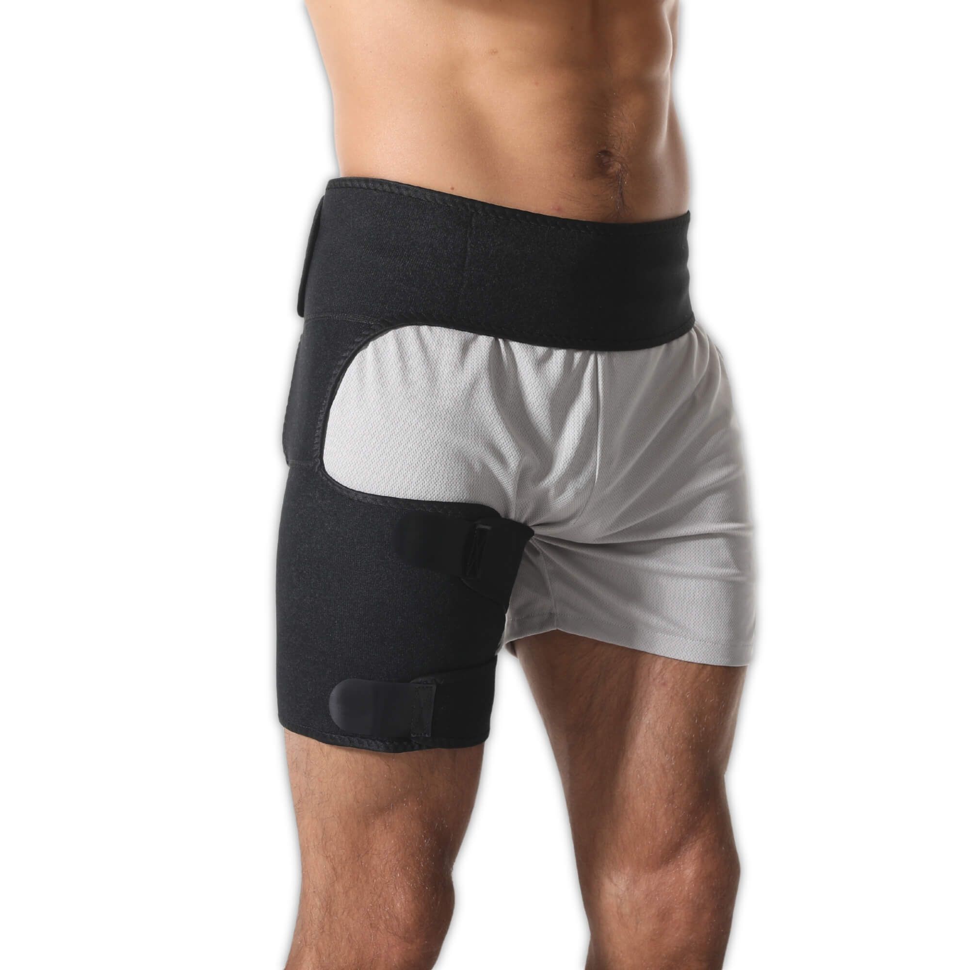 Zwarte heupbrace met klittenbandsluiting, afmetingen: 110cm x 42cm, 65cm.