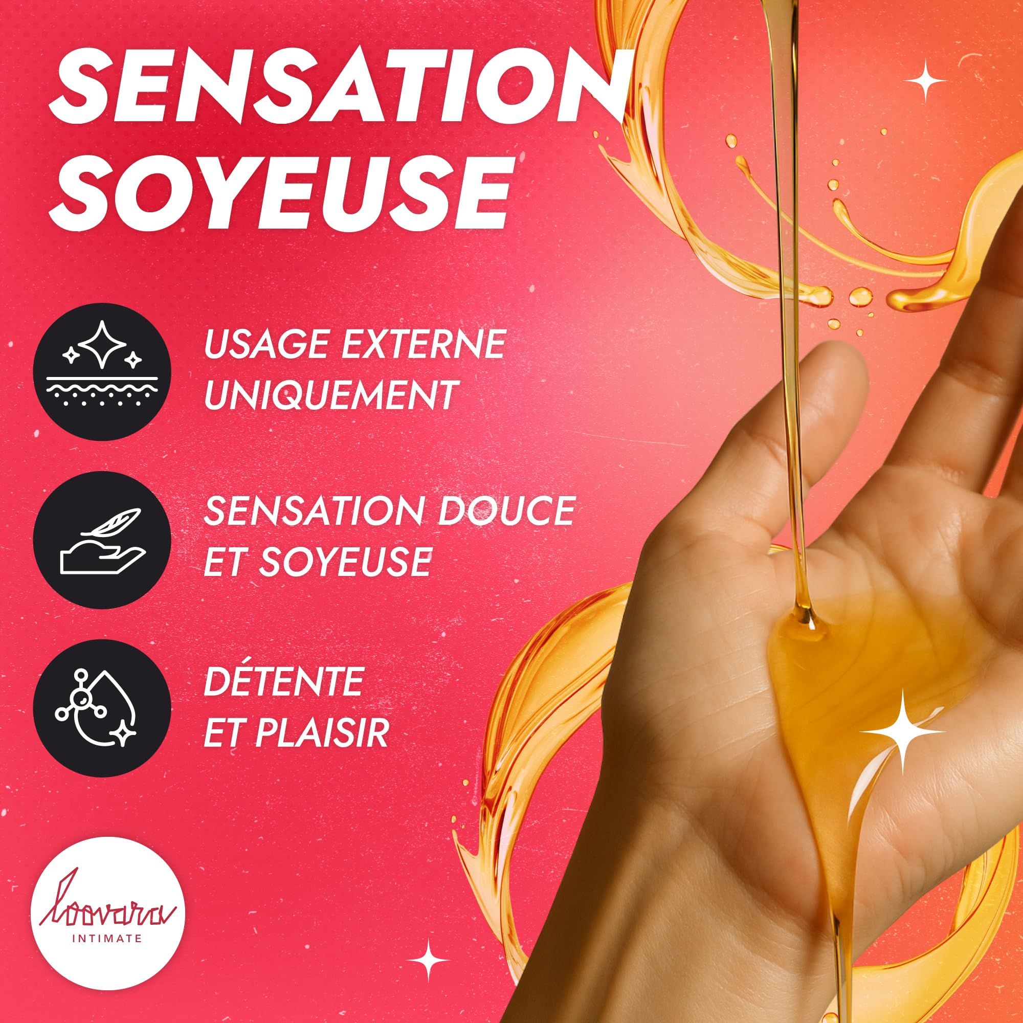 Bouteille d'huile de massage Loovara Happy Hand avec étiquette rouge et écriture blanche, entourée d'éclaboussures.