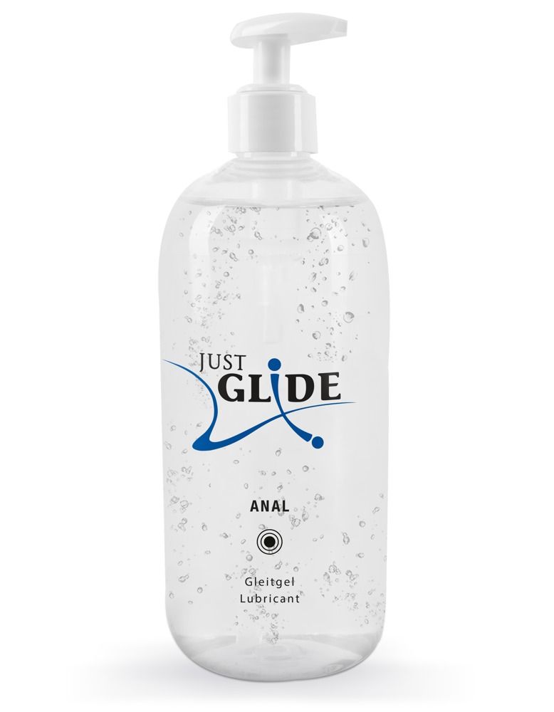 Flacon transparent avec pompe doseuse. Inscription : JUST GLIDE ANAL. Lubrifiant médical.