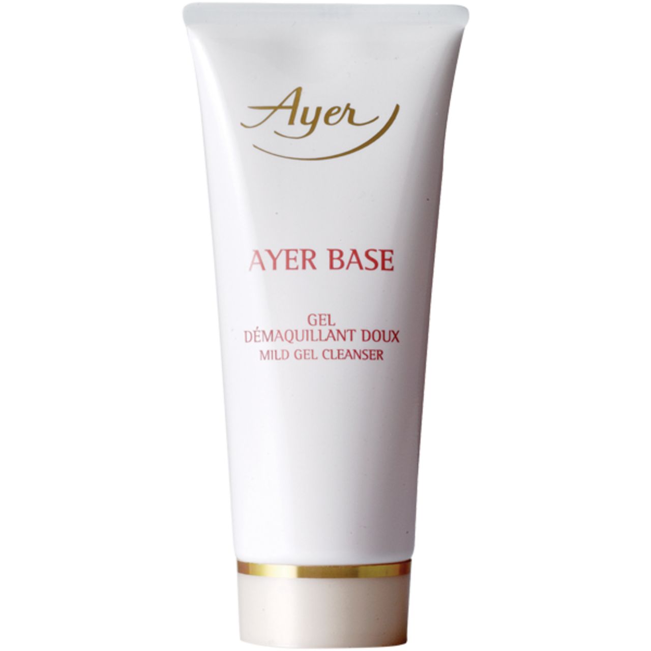 Witte tube met gouden accenten. Opschrift: Ayer, Ayer Base, Gel Demaquillant Doux, Mild Gel Cleanser.
