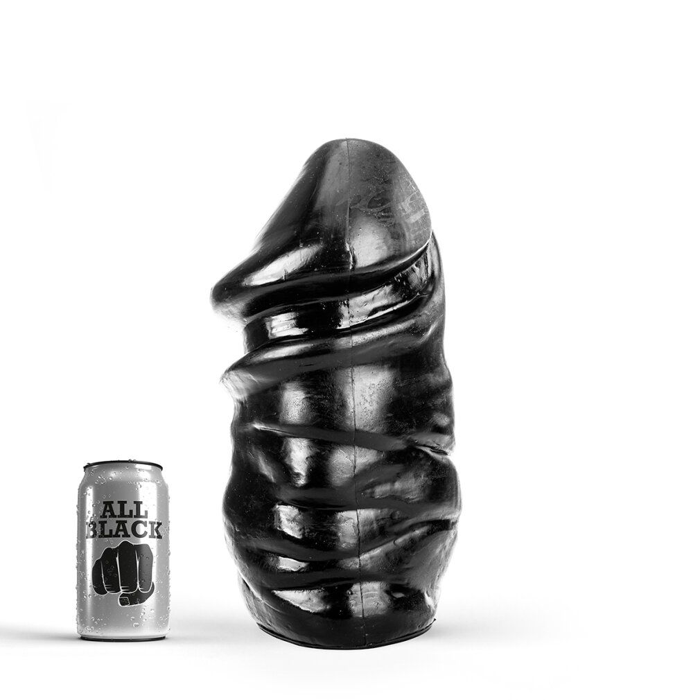 Zwarte geribbelde dildo naast een blikje met "ALL BLACK" logo.