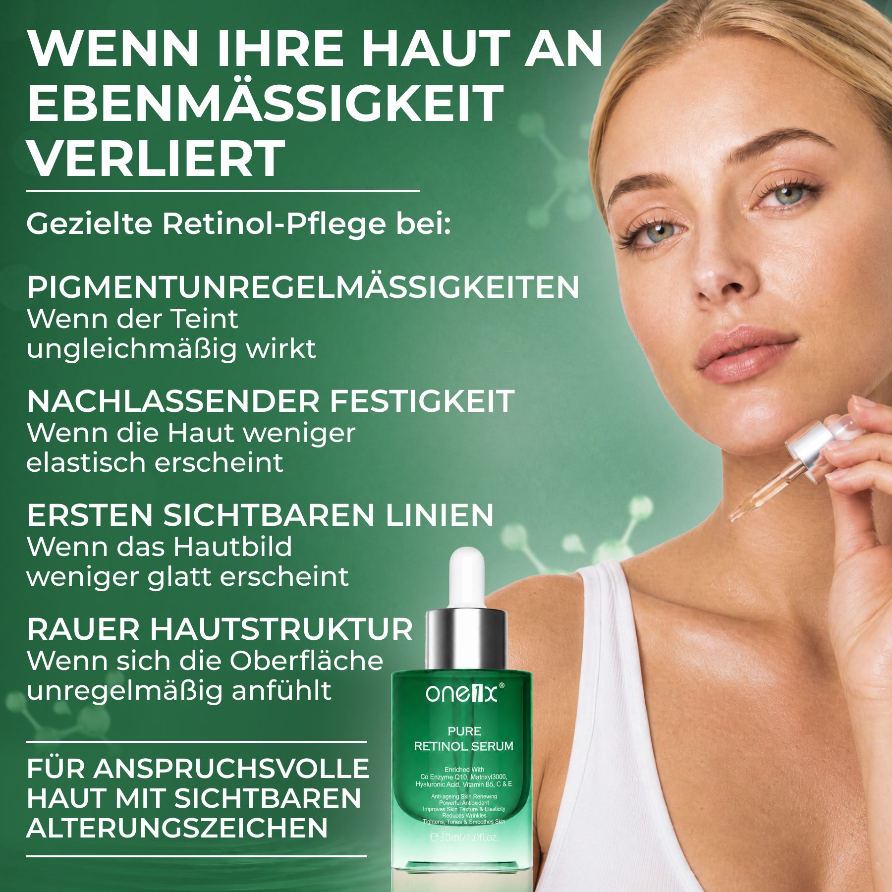 Groene glazen fles met druppelaar voor retinol serum van one.six, naast een vrouw met druppelaar.